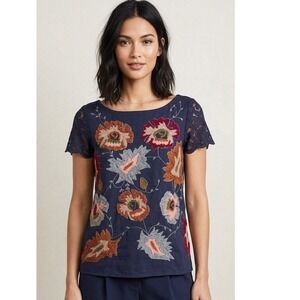 Deletta Anthropologie Navy Floral Embroidered Lace Sleeve Cotton Top M